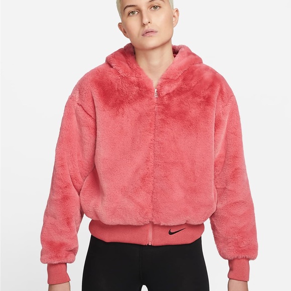 Nike Women’s Faux Fur Sportswear Pink Jacket - Picture 2 of 14